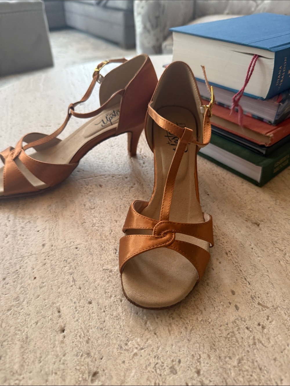 Women's Rhythm T-Strap Satin 2.5” heel ballroom dance shoes.